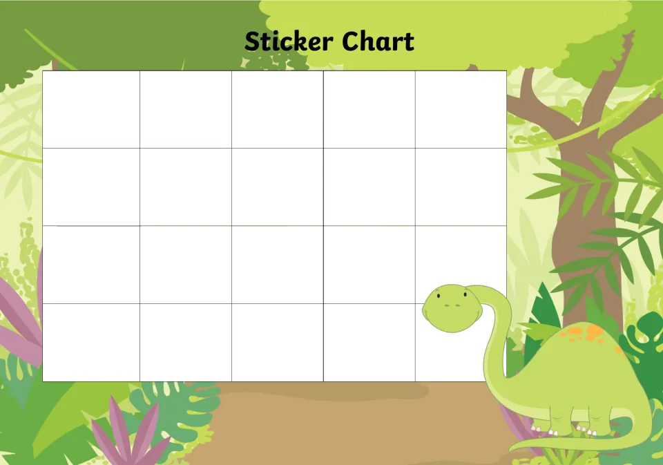 Jungle reward chart: children earn stickers to fill 20 blank spaces, with a green long-necked dinosaur among the trees