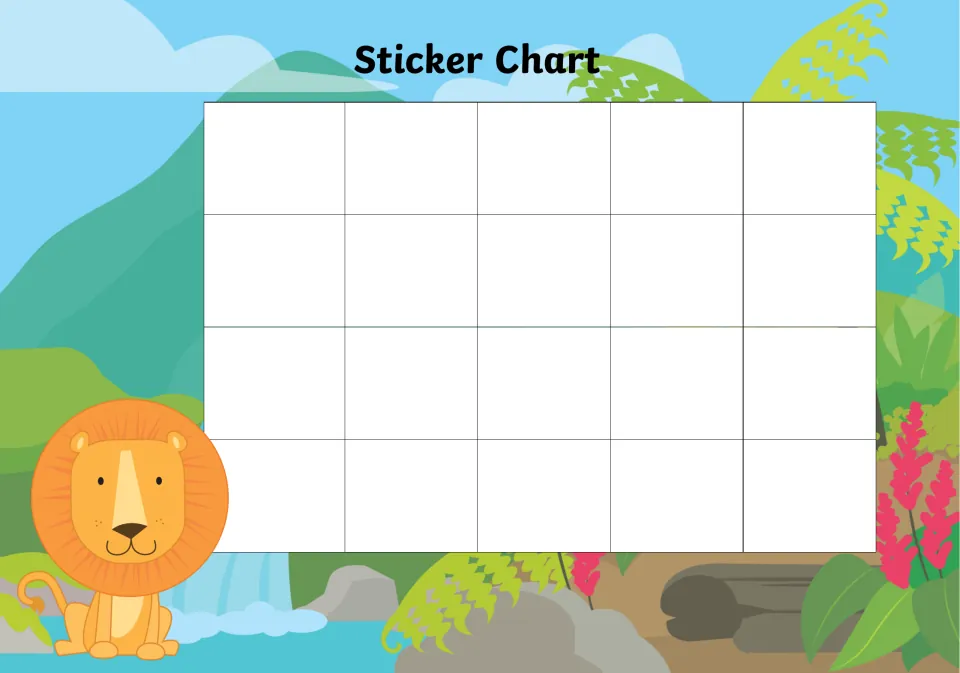 Lion by a waterfall reward chart: children mark progress with stickers across 20 blank spaces, among ferns and flowers