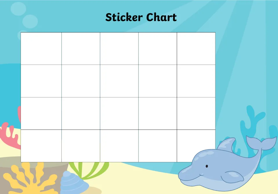 Under the sea dolphin reward chart: children add stickers to 20 blank spaces as they earn them, with coral and a shell