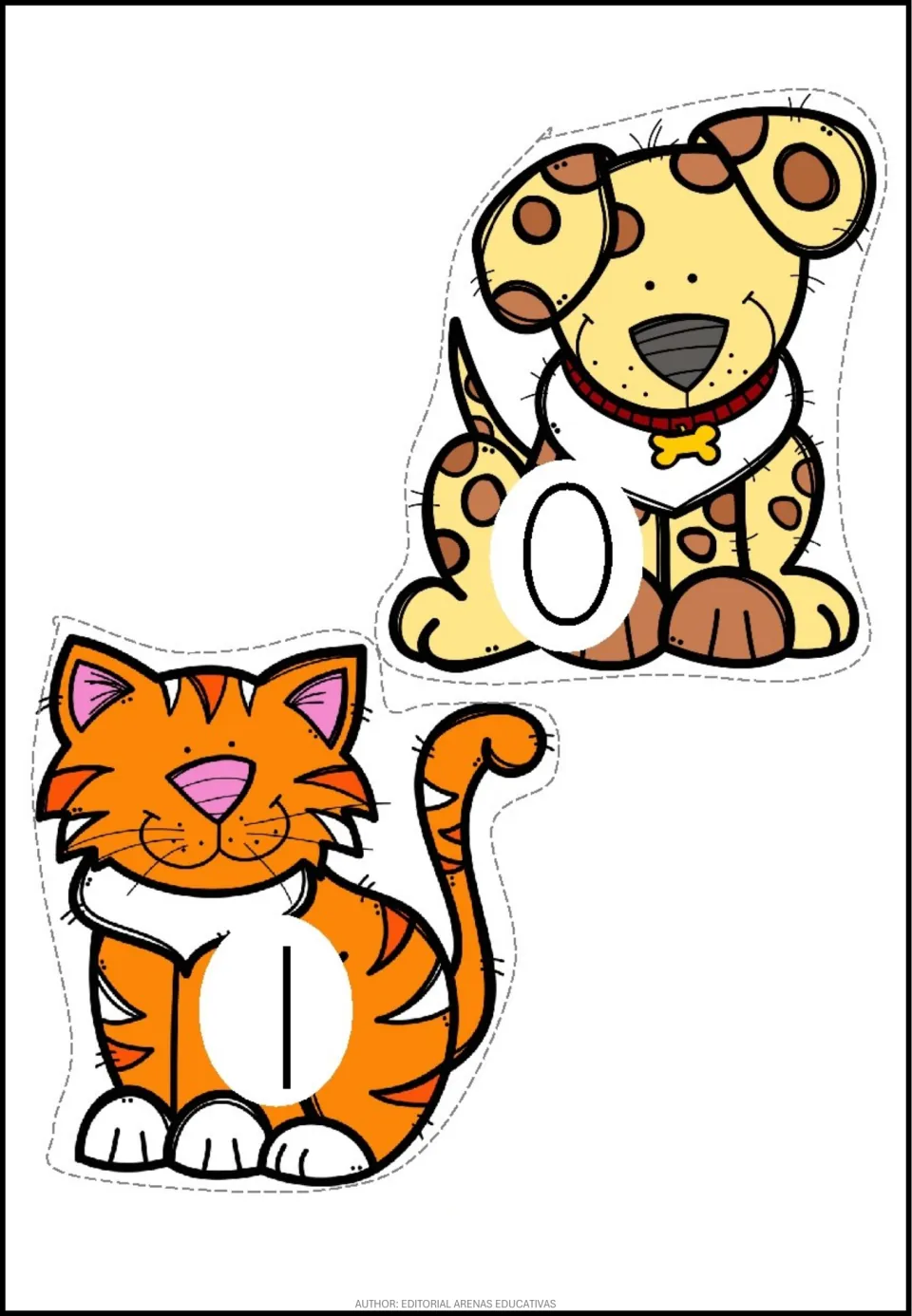 Pet-themed number stickers 0 and 1: a spotted dog labeled 0 and an orange cat labeled 1, ready to cut out