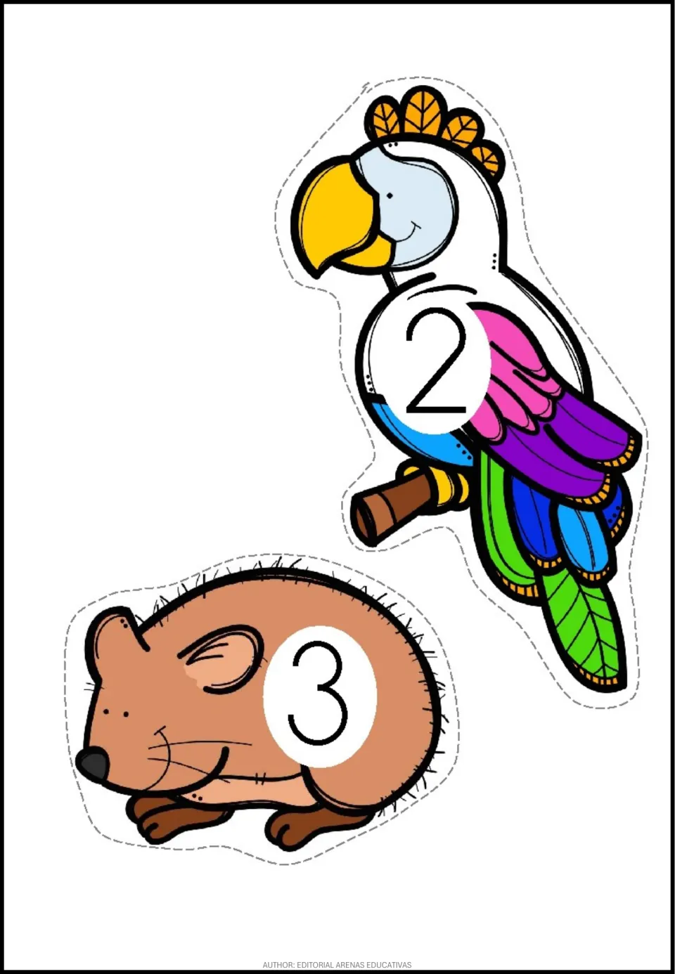 Pet-themed number stickers 2 and 3: a colorful parrot labeled 2 and a brown hamster labeled 3 to cut out
