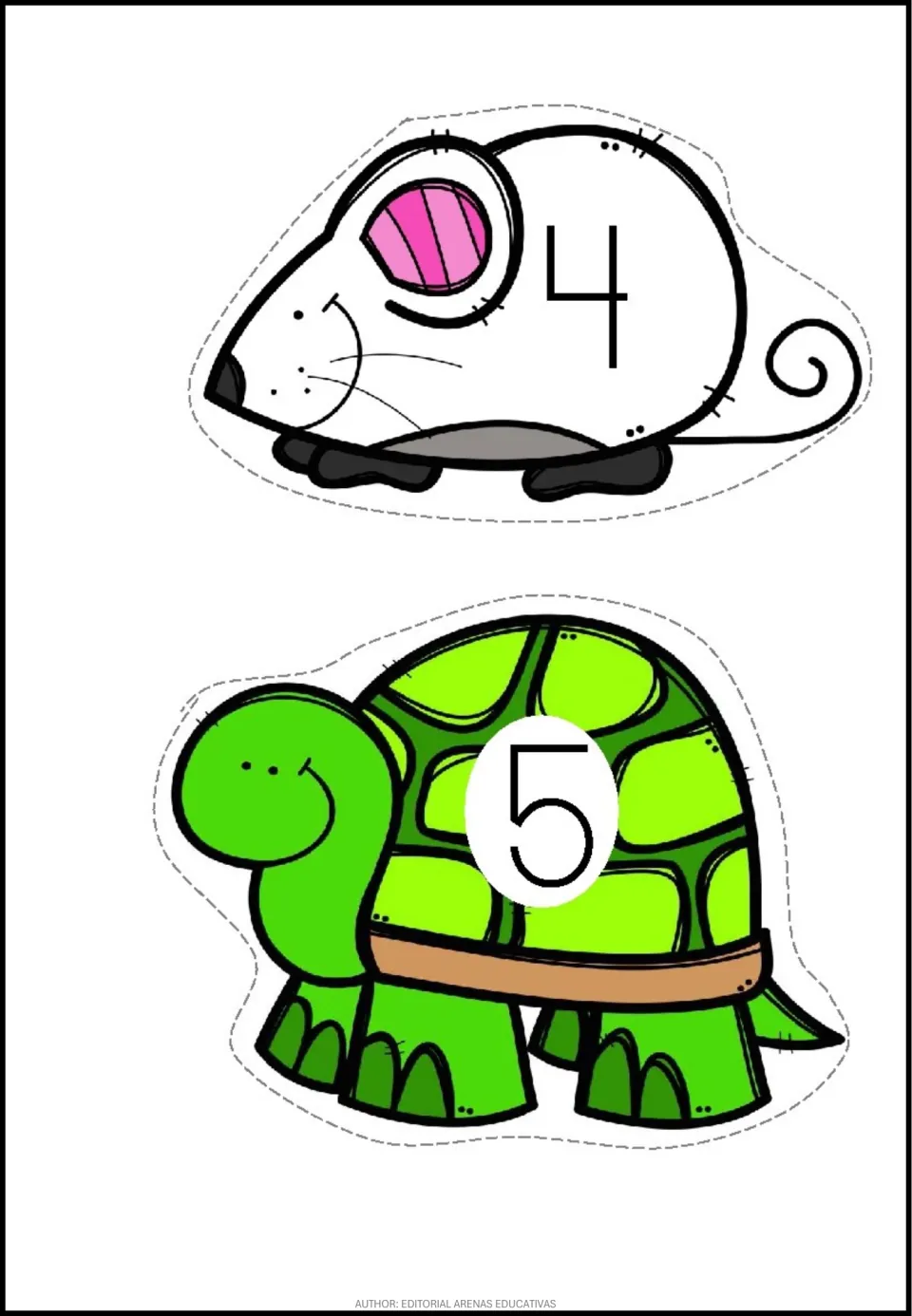 Pet-themed number stickers 4 and 5: a white mouse labeled 4 and a green turtle labeled 5, ready to cut out