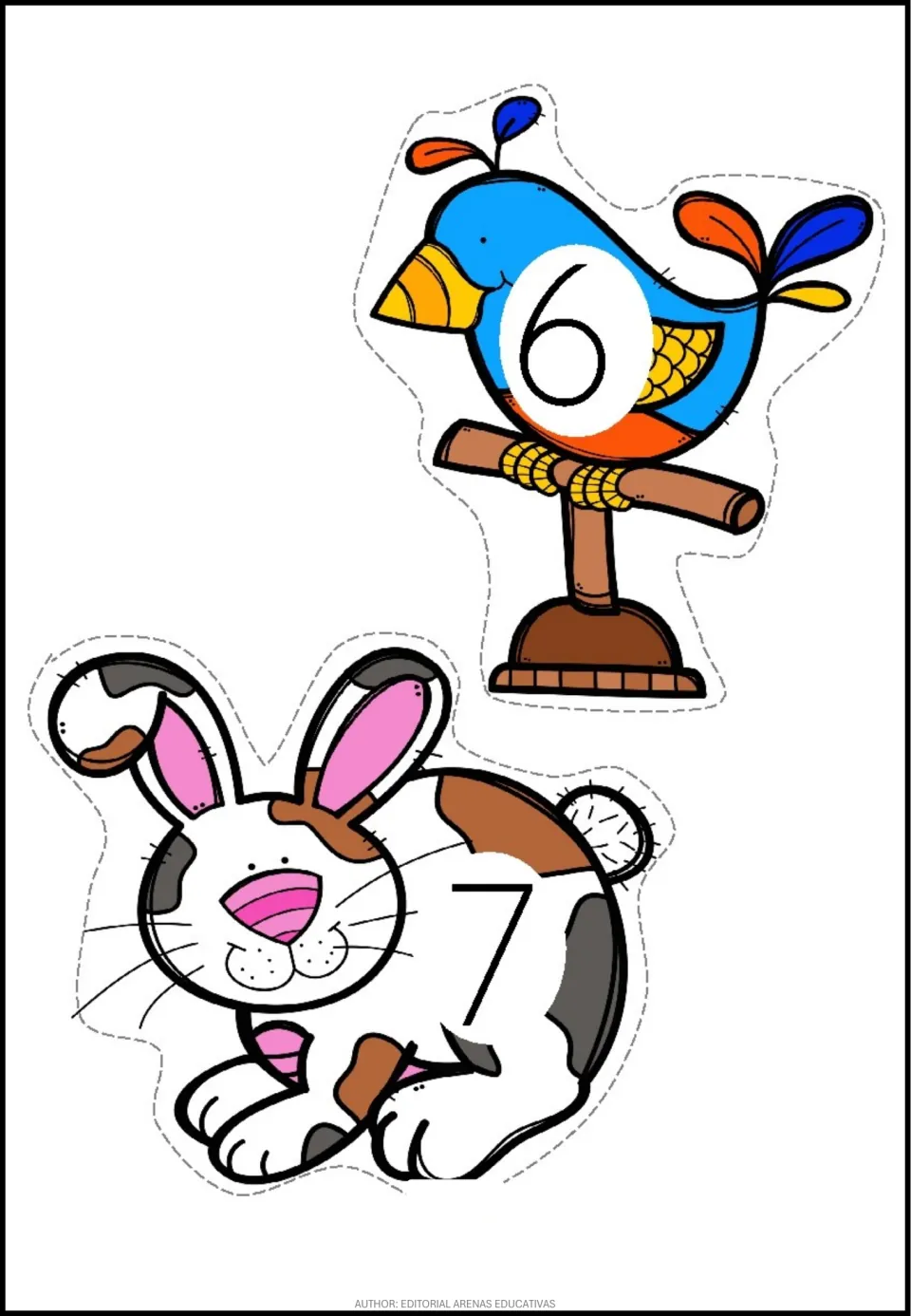 Pet-themed number stickers 6 and 7: a blue bird on a perch labeled 6 and a spotted rabbit labeled 7 to cut out