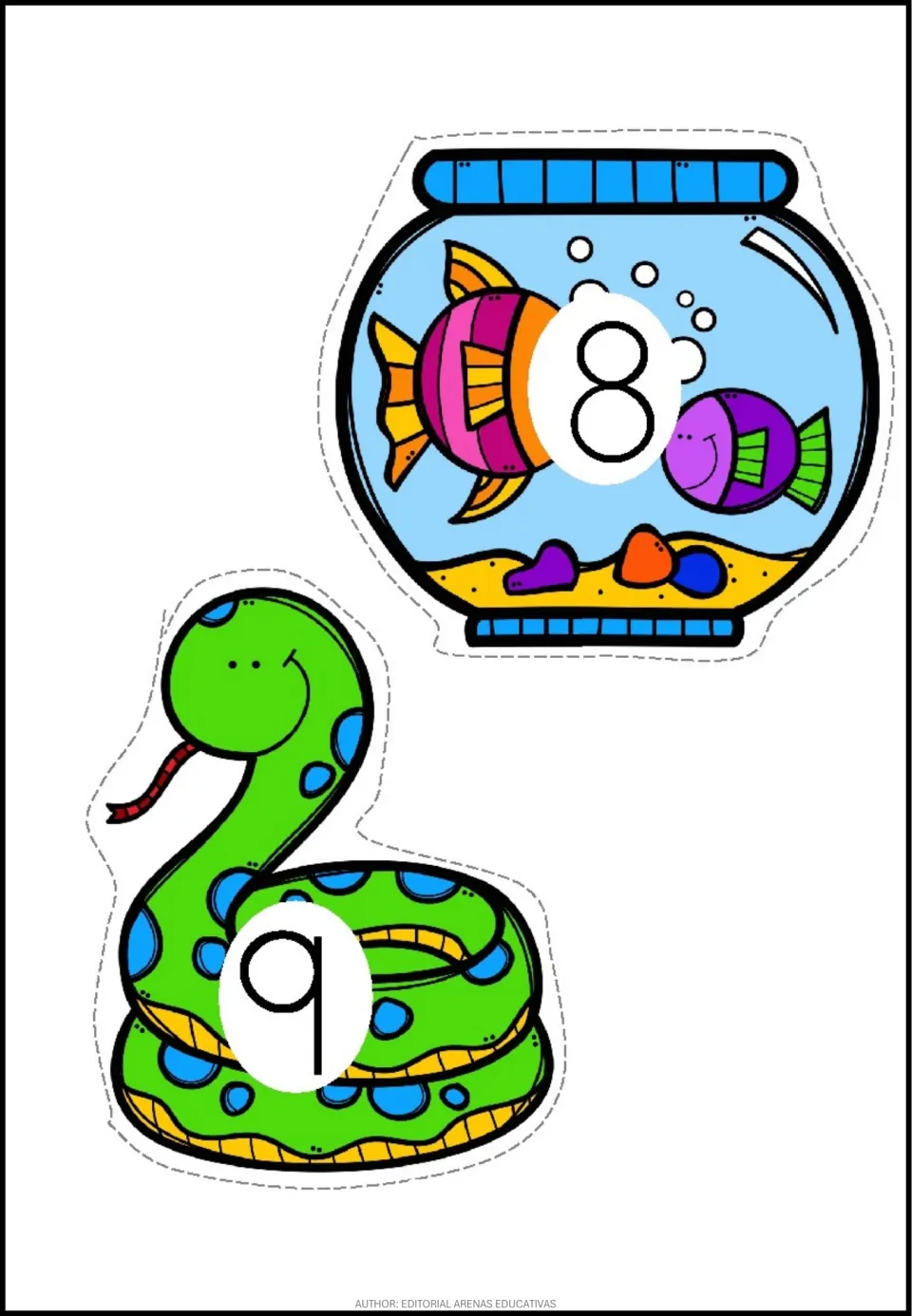 Pet-themed number stickers 8 and 9: a fishbowl labeled 8 and a green snake labeled 9, ready to cut out