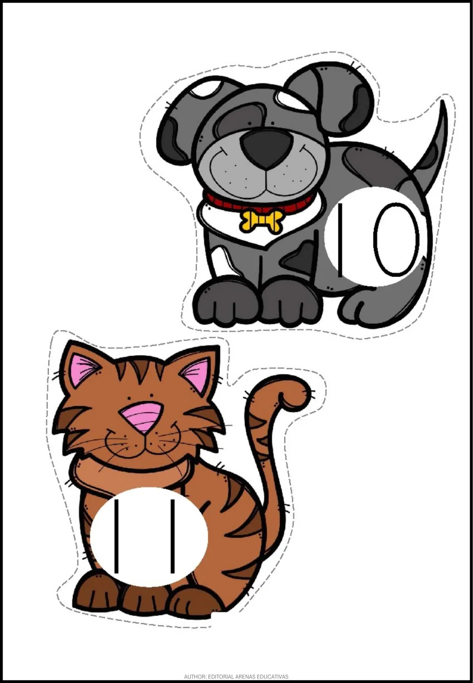 Pet-themed number stickers 10 and 11: a gray dog labeled 10 and a brown cat labeled 11, ready to cut out