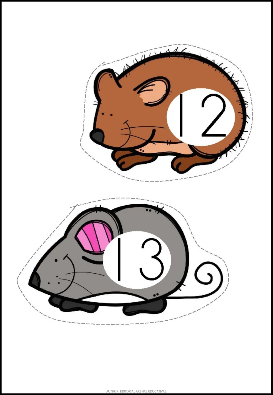 Pet-themed number stickers 12 and 13: a brown hamster labeled 12 and a gray mouse labeled 13 to cut out