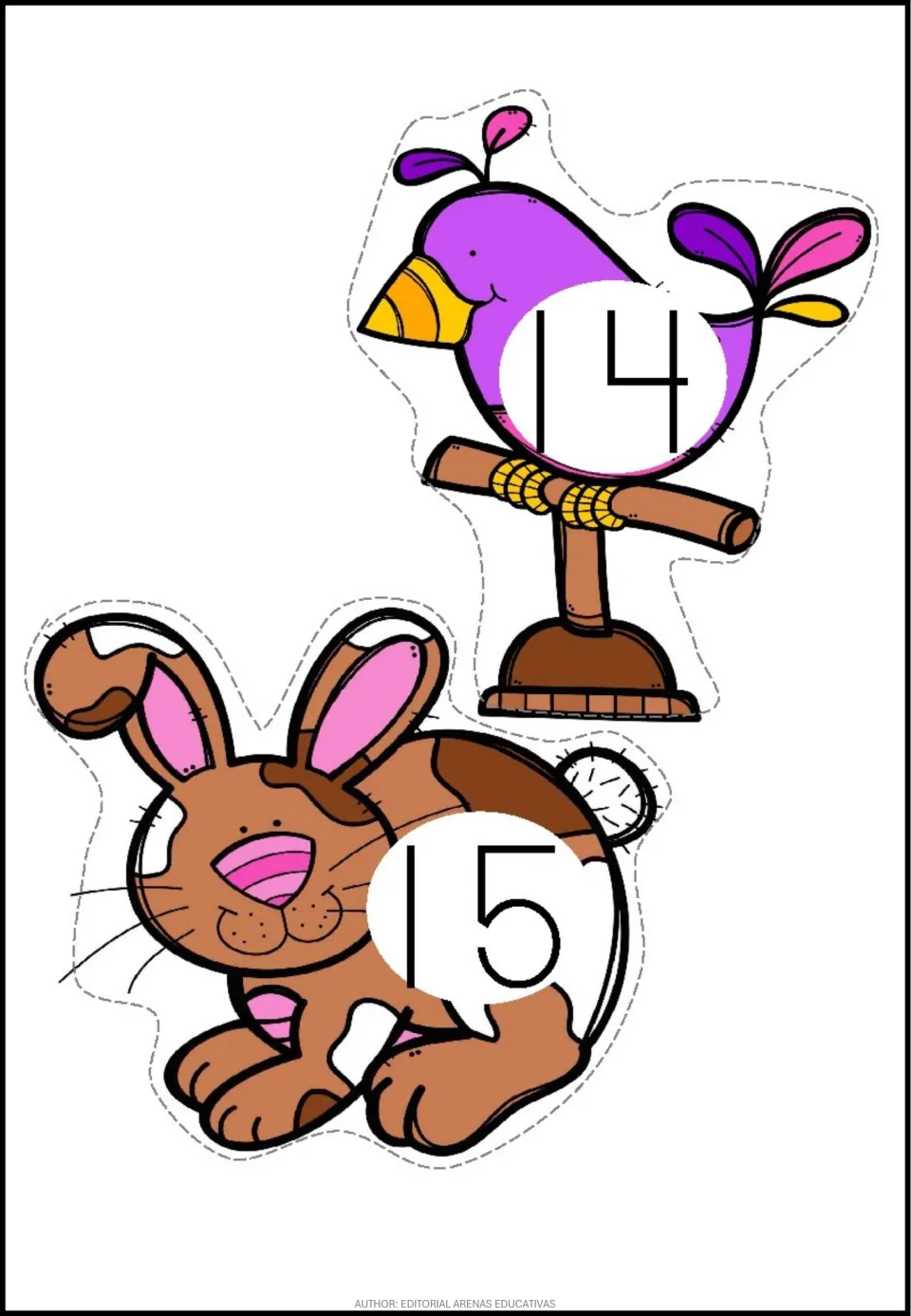 Pet-themed number stickers 14 and 15: a purple bird labeled 14 and a brown rabbit labeled 15 to cut out