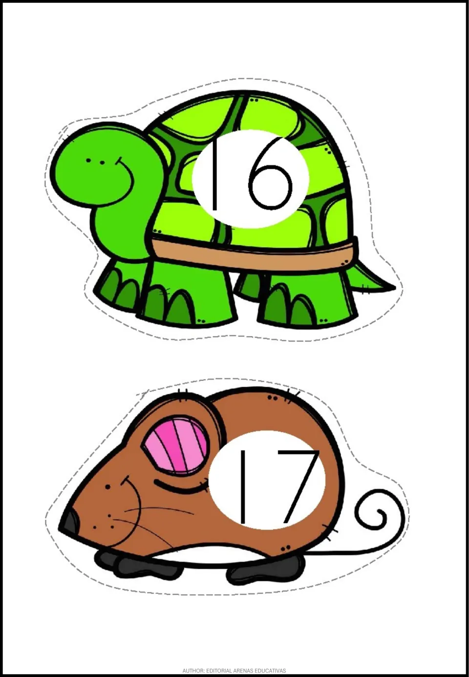 Pet-themed number stickers 16 and 17: a green turtle labeled 16 and a brown mouse labeled 17 to cut out