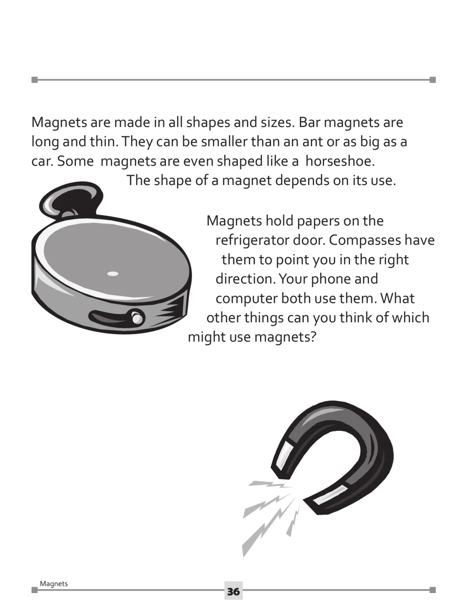 Magnets reading passage, part 2: shapes, sizes, and uses in refrigerators, compasses, phones, and computers