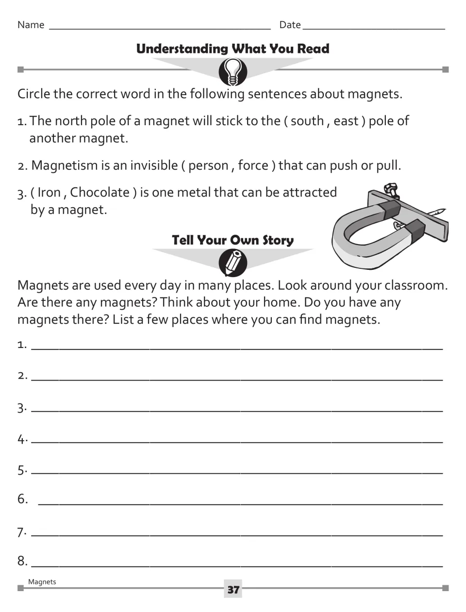 Magnet comprehension practice: three word-choice questions and a prompt to list magnets at school and home