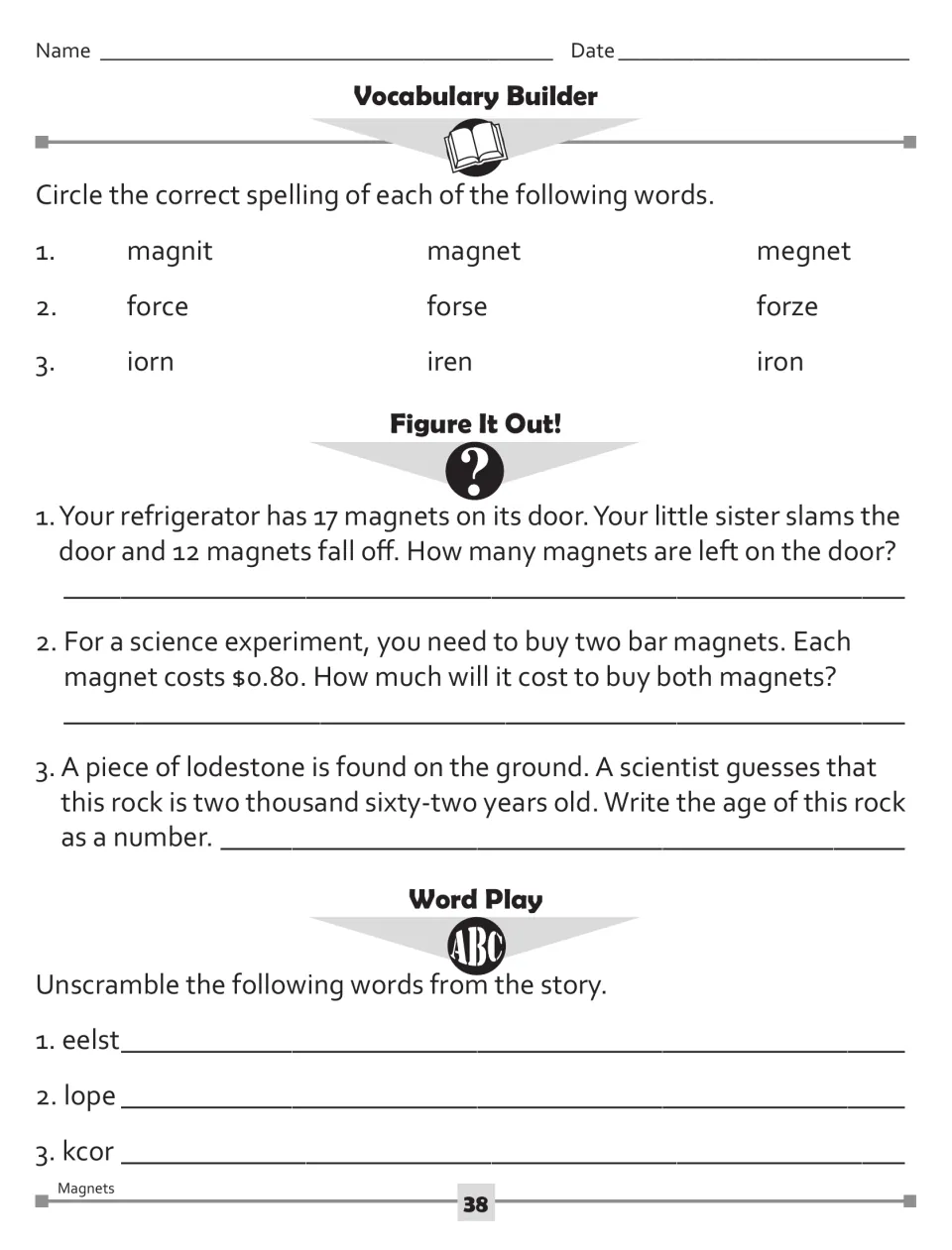 Magnet activity page: spelling magnet, force, and iron; three math problems; and three word scrambles