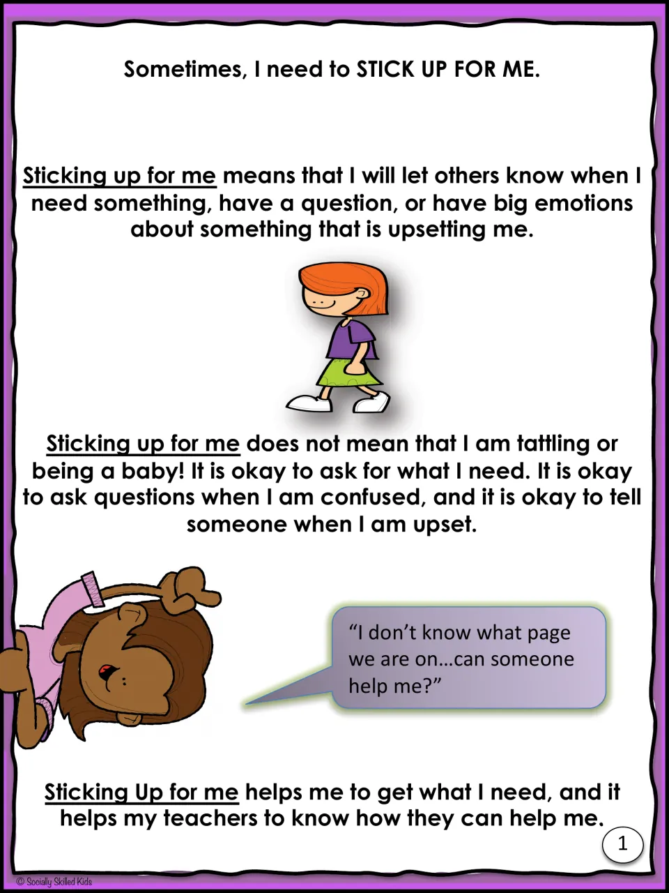 Story page 1 defines sticking up for me as speaking up about needs, questions or big emotions, and says it is not tattling