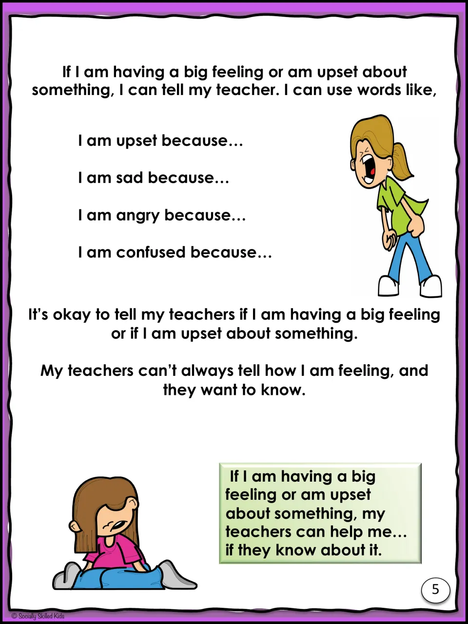 Telling a teacher about big feelings with sentence starters: I am upset, sad, angry or confused because...