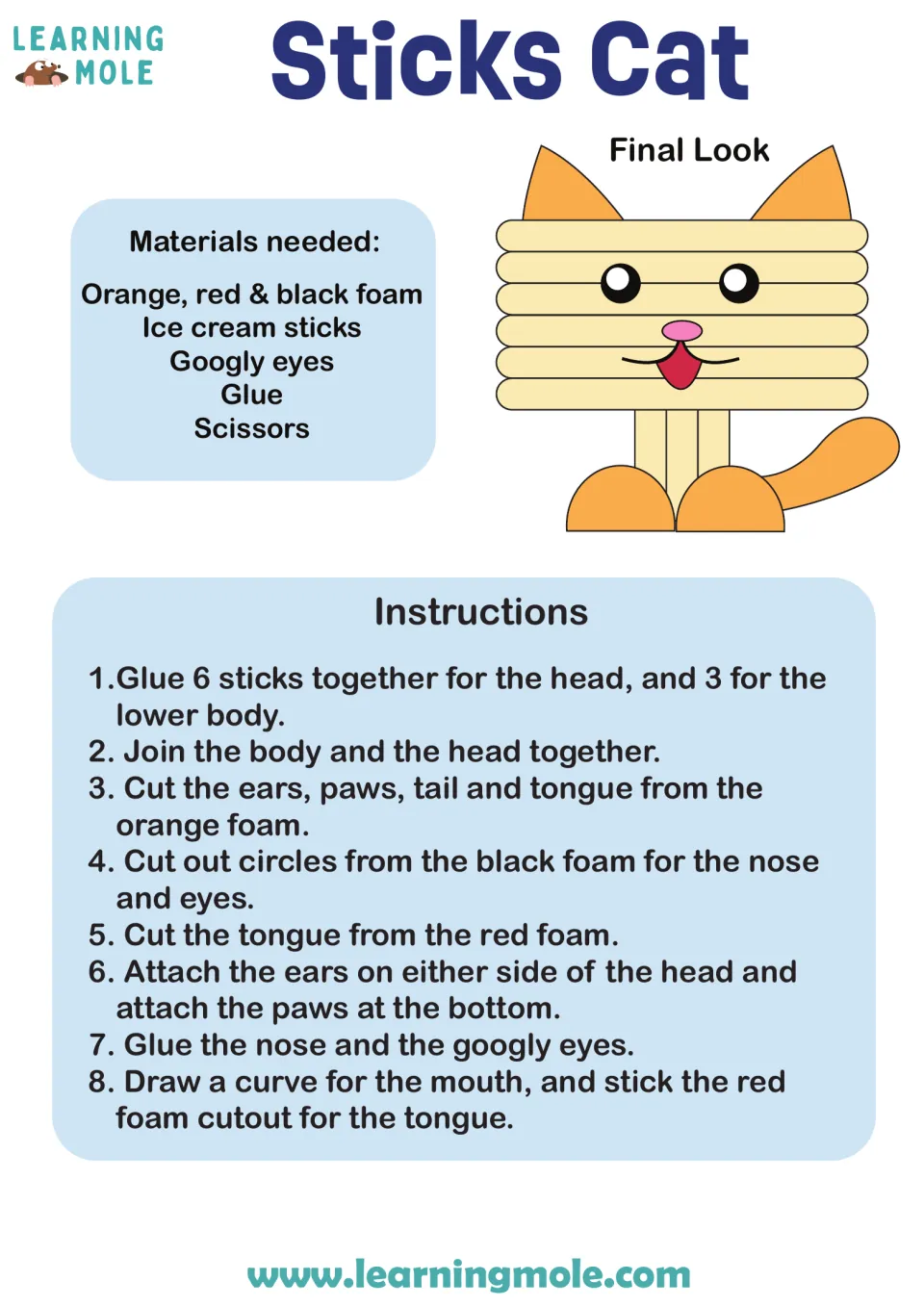 Craft steps: students glue ice cream sticks into a cat, adding foam ears, paws, tail and tongue plus googly eyes