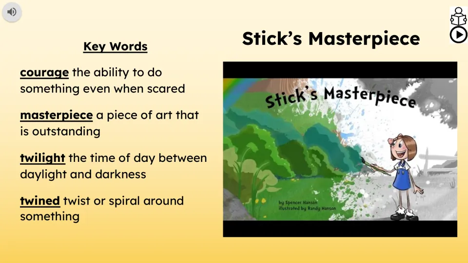 Vocabulary introduction defines courage, masterpiece, twilight, and twined beside the story video preview
