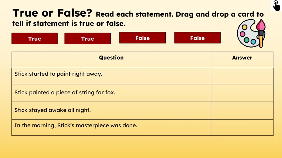 True-or-false activity checks when Stick began painting, what she made for fox, her sleep, and her finished art