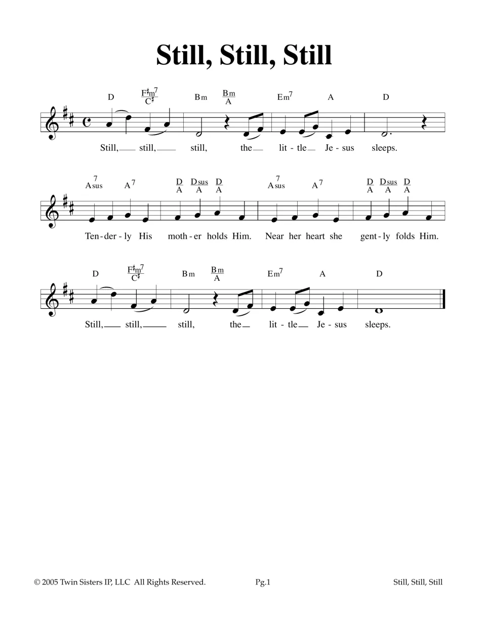 Still, Still, Still lead sheet in D major, 4/4: melody, lyrics and chords like D, Bm, Em7 and Asus7 to sing or play