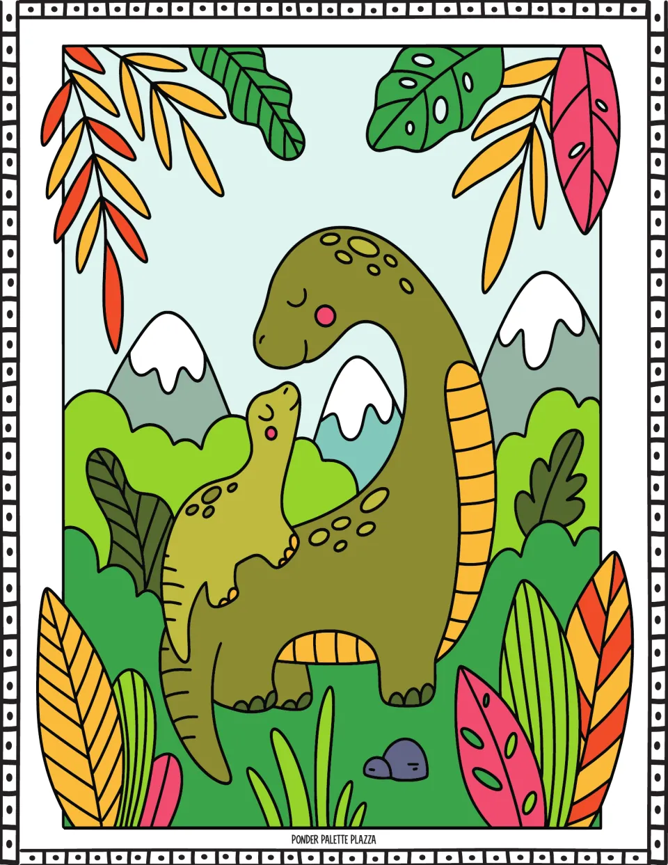 Colored guide for the dinosaur coloring activity: an adult and baby long-necked dinosaur among plants and mountains