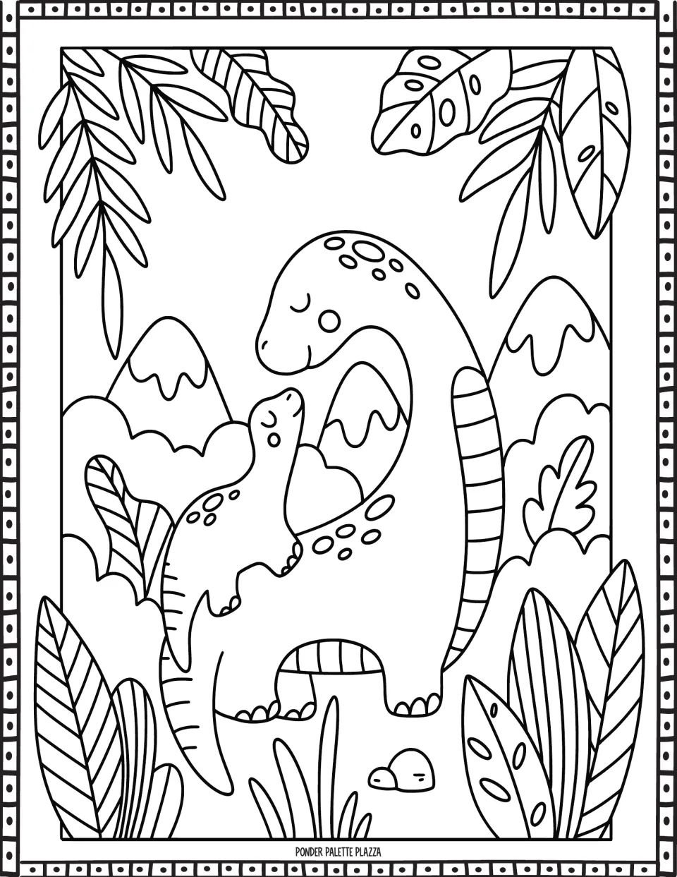 Dinosaur coloring page: an adult and baby long-necked dinosaur surrounded by leaves, bushes, and mountains