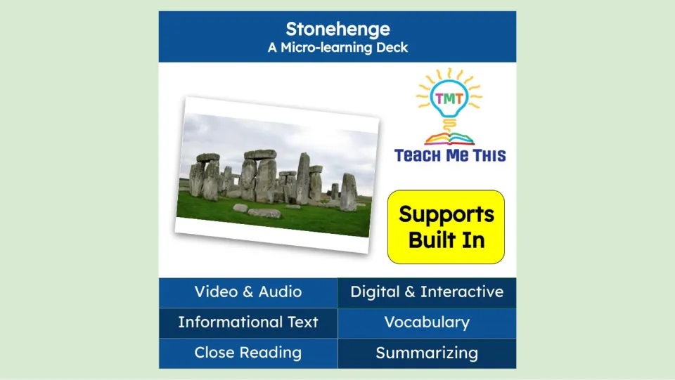 Lesson cover introducing Stonehenge with video, audio, informational text, vocabulary, and summarizing