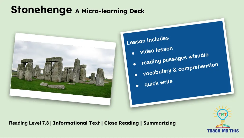 Lesson overview listing a video lesson, reading passages with audio, vocabulary, comprehension, and quick write