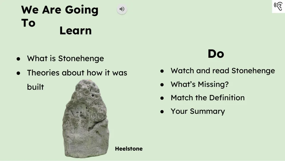 Lesson objectives introduce Stonehenge and construction theories, followed by reading and vocabulary tasks
