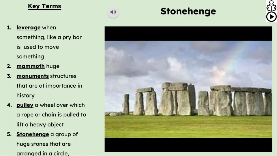 Video lesson slide defining leverage, mammoth, monuments, pulley, and Stonehenge as key vocabulary terms