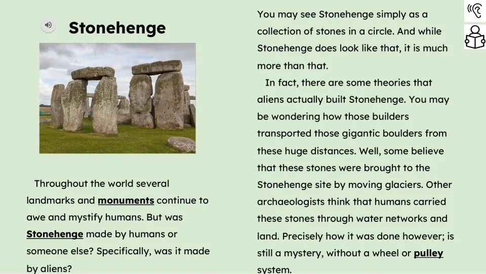 Reading passage opening introduces Stonehenge and discusses claims about aliens, glaciers, and human transport