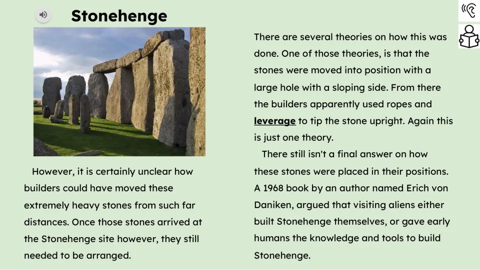 Reading passage continuation describes positioning stones with ropes and leverage and an author's alien claim