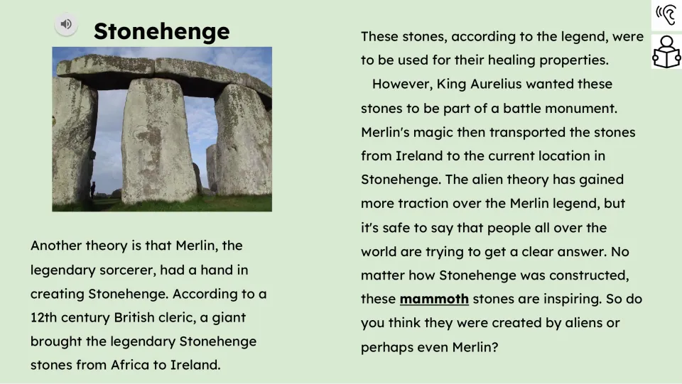 Reading passage conclusion recounts the Merlin legend, healing stones, and King Aurelius's battle monument