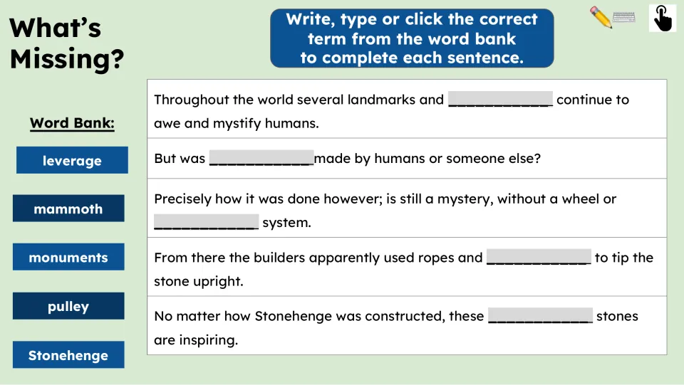Vocabulary practice asks students to complete five passage sentences using leverage, mammoth, and three more