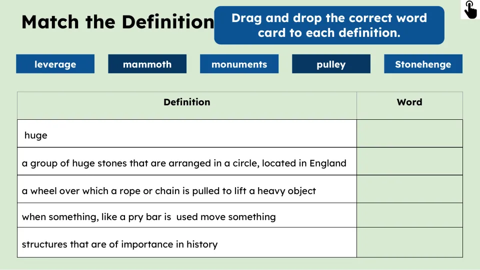 Vocabulary matching asks students to pair leverage, mammoth, monuments, pulley, and Stonehenge with definitions
