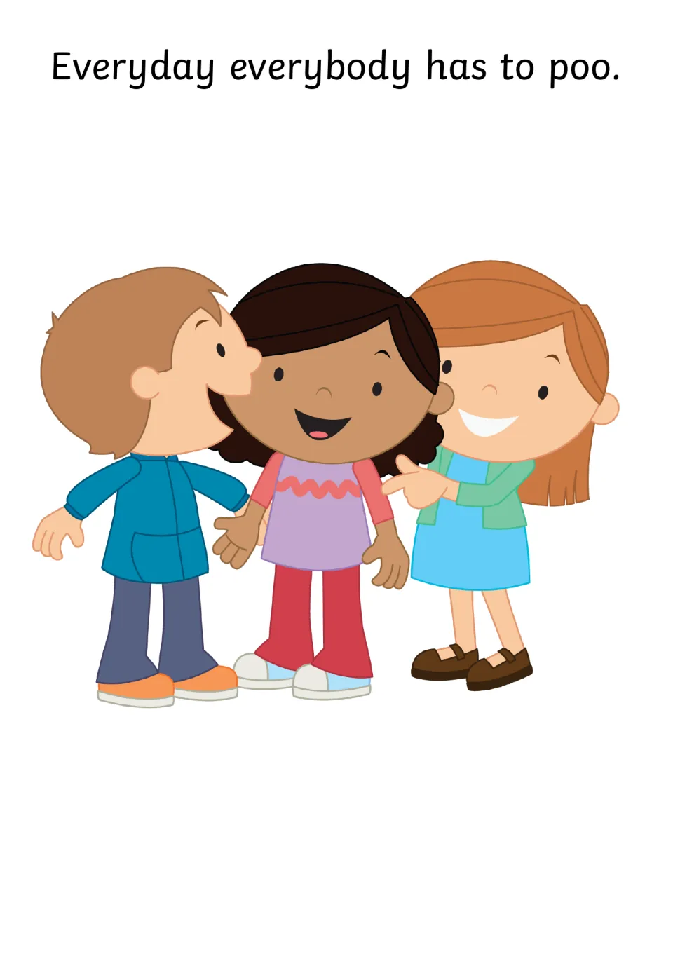 Social story opening: the line Everyday everybody has to poo, with three smiling children standing together