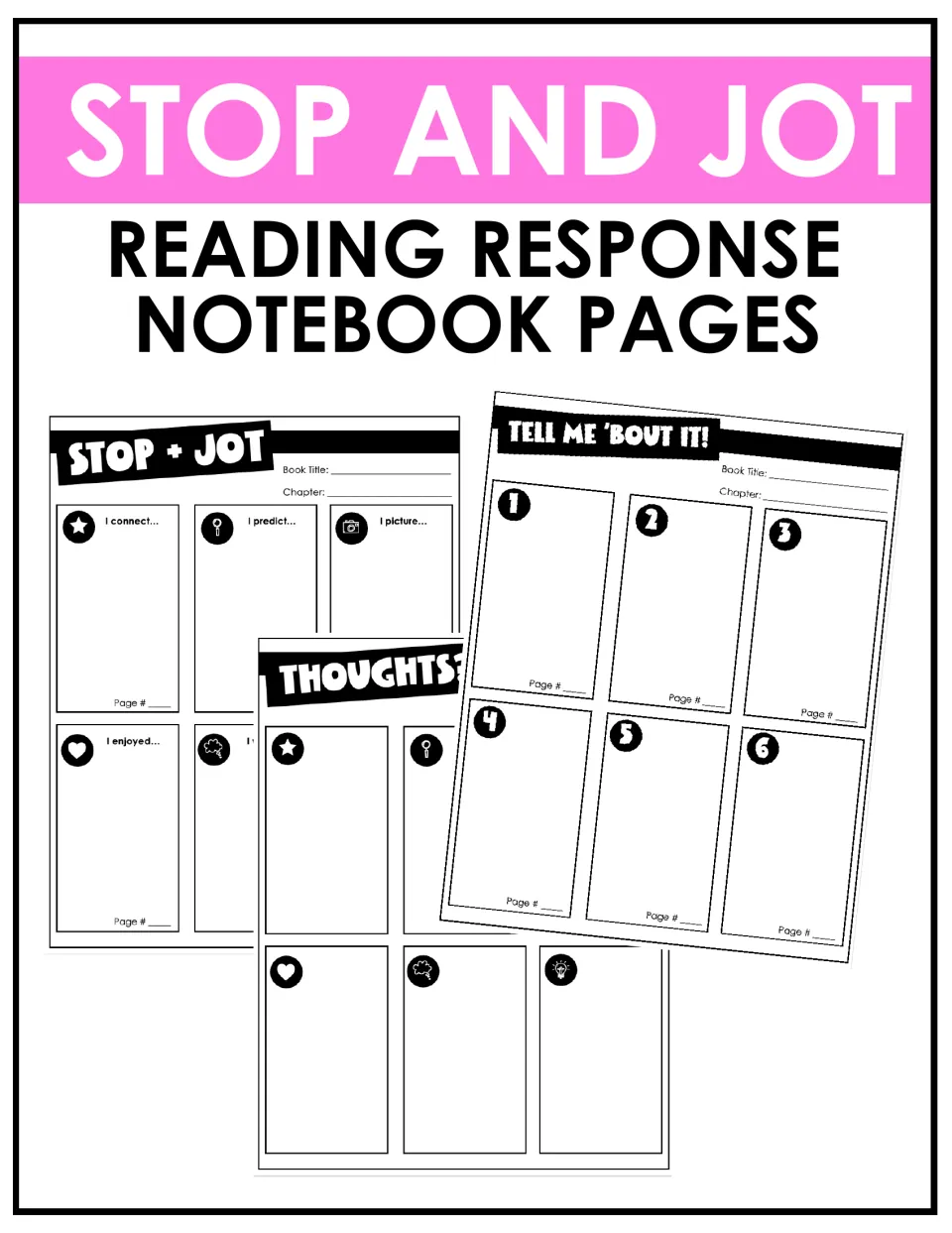 Stop and Jot reading response cover showing Stop + Jot, Thoughts and Tell Me 'Bout It! response sheets for notebooks