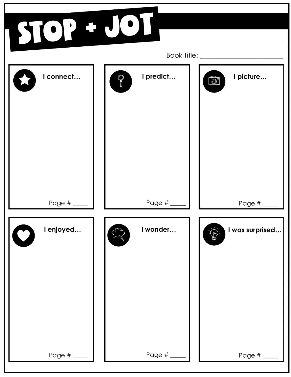 Stop + Jot with book title only: students jot six sentence-starter responses and record the page number for each