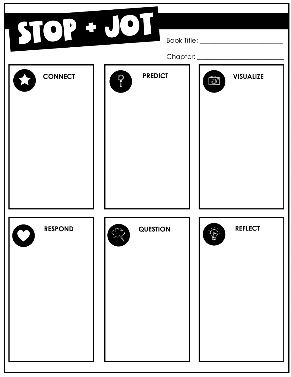 Stop + Jot by chapter using strategy labels: students connect, predict, visualize, respond, question and reflect