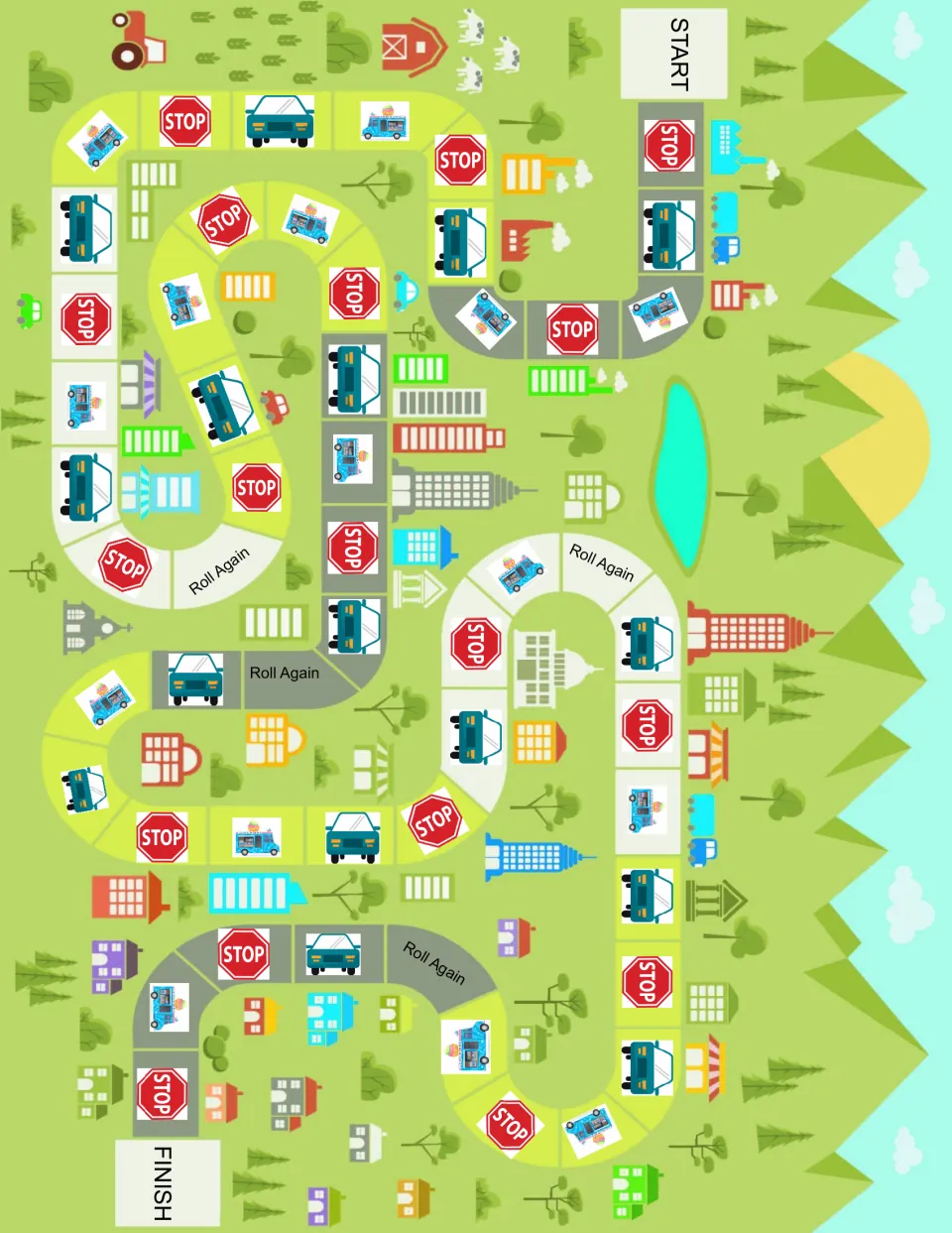 Game board: a winding road from START to FINISH with stop sign, car, ice cream truck and Roll Again spaces on a town map