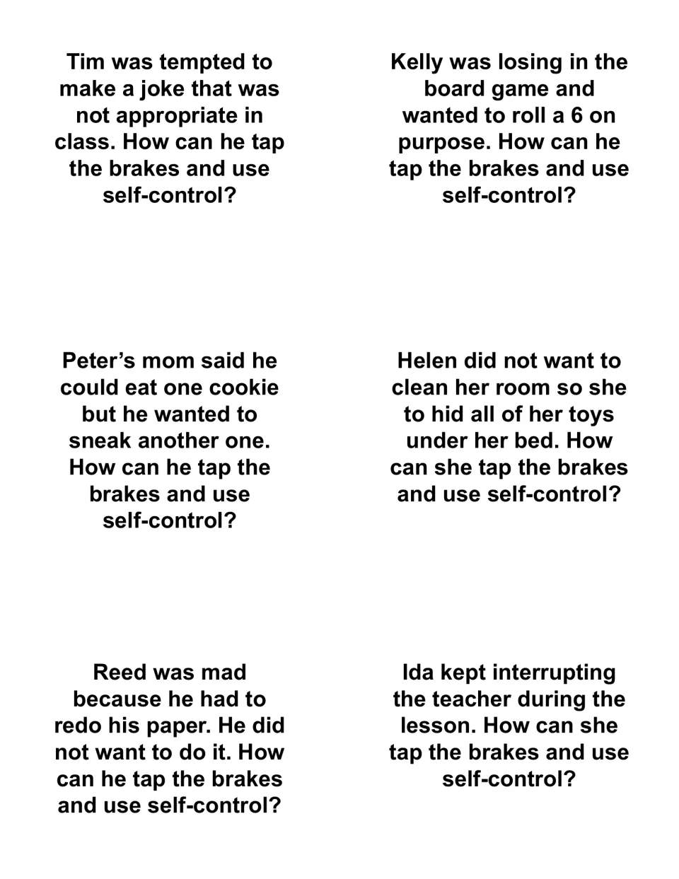 Scenario cards on temptation: Tim's joke, Kelly's dice roll, Peter's extra cookie; students explain a self-control choice