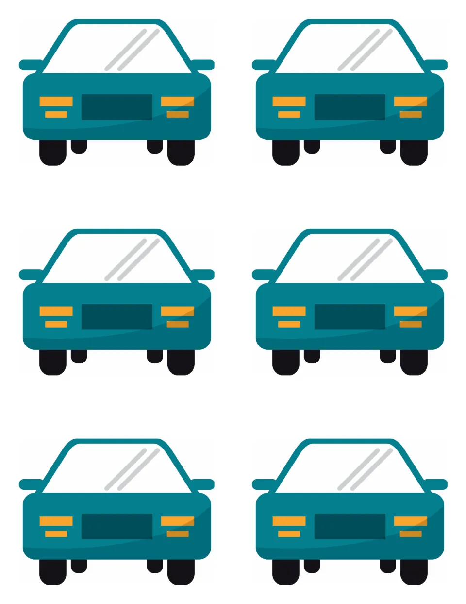 Car card picture side, set 3: six teal cars that back the Eden, Lori and Judd self-control scenario cards