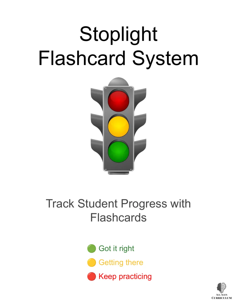 Stoplight Flashcard System cover with a traffic light; green means got it right, yellow getting there, red keep practicing