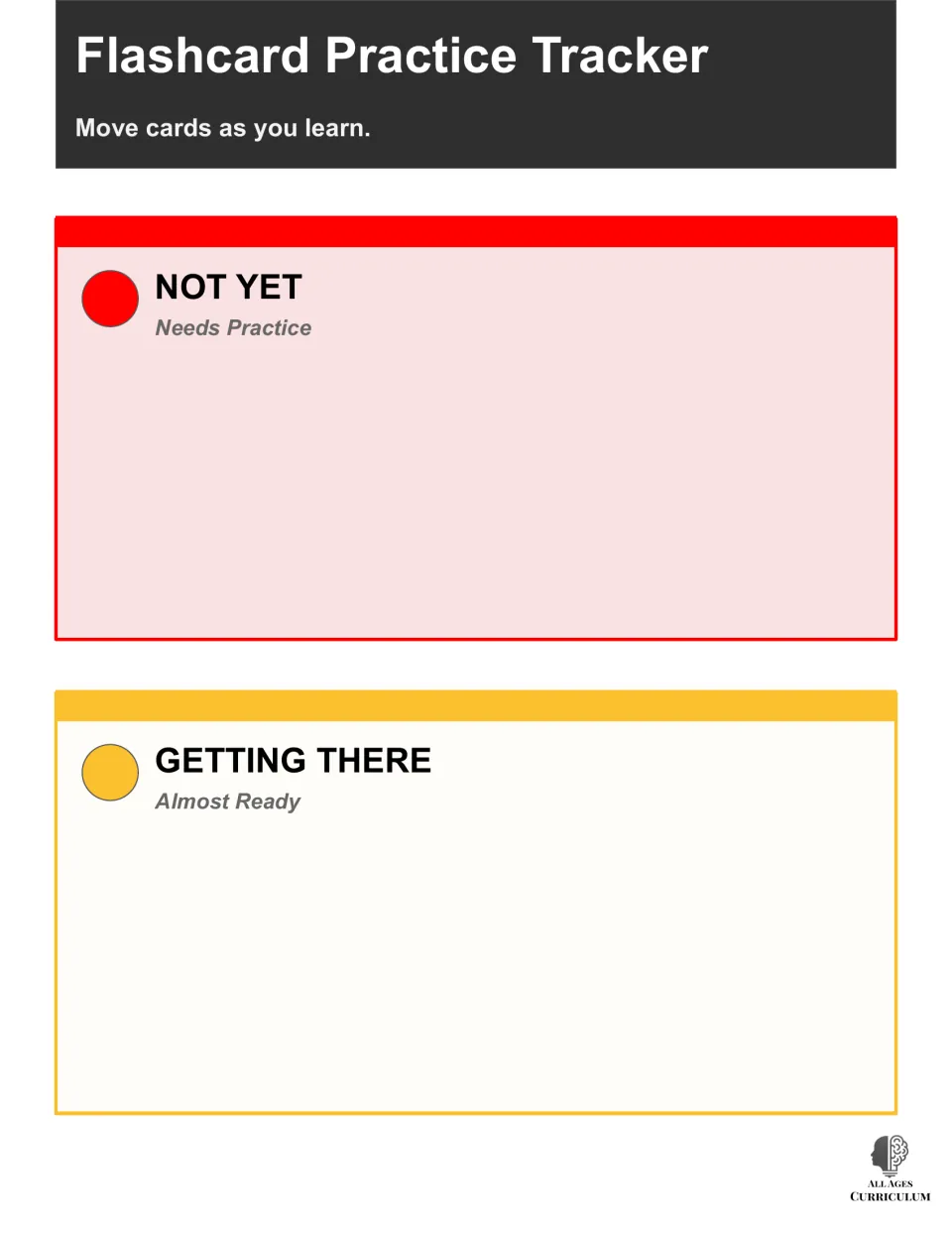 Flashcard practice mat: students move cards into red Not Yet (Needs Practice) or yellow Getting There (Almost Ready) zone