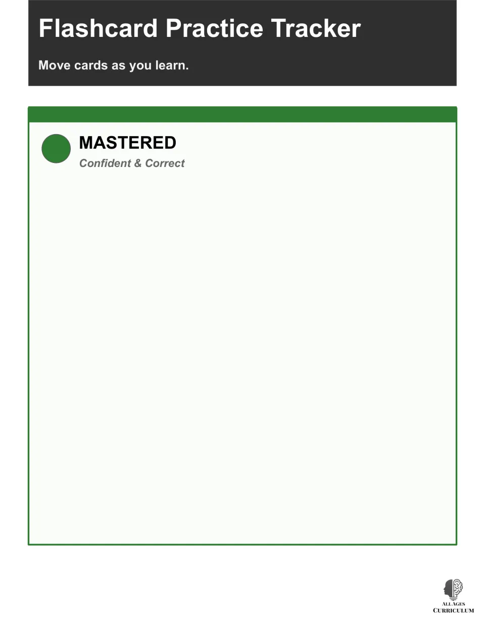 Flashcard practice mat, green Mastered zone labeled Confident & Correct, where students place cards they answer correctly