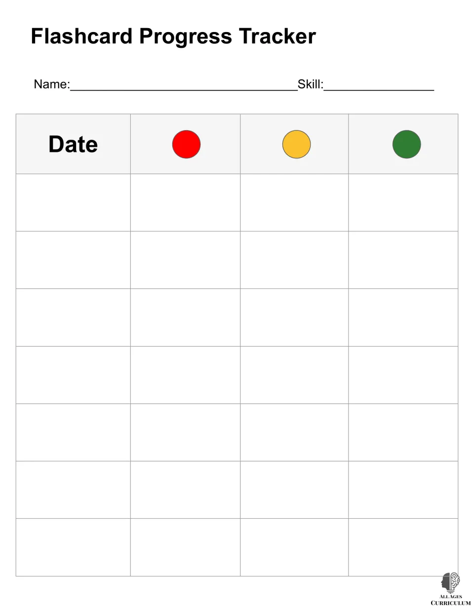 Flashcard progress log: students write name, skill and date, then log red, yellow and green results each session