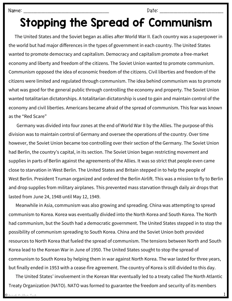 Cold War reading passage on the Red Scare, divided Germany, the Berlin Airlift, the Korean War and the start of NATO