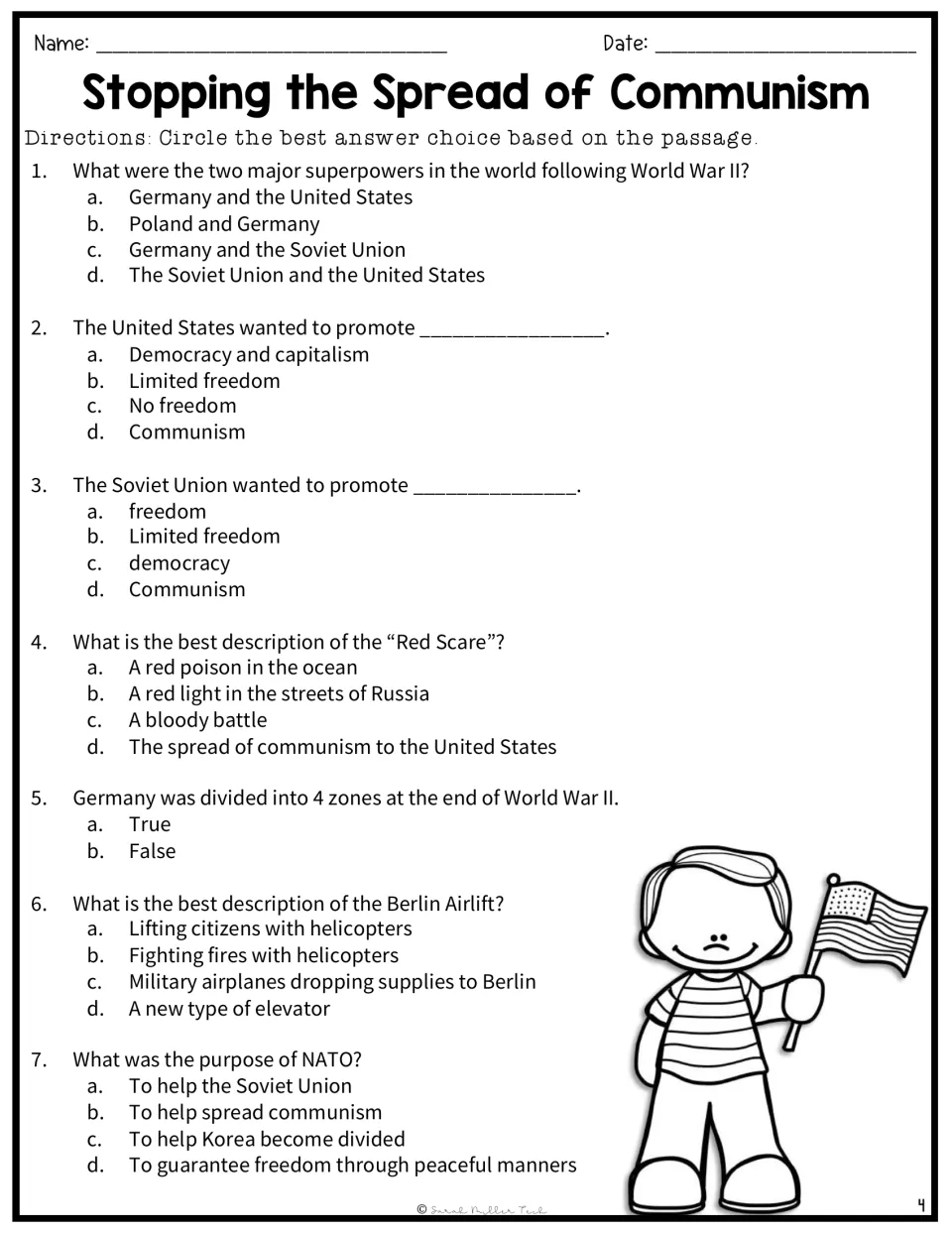 Reading comprehension questions 1-7: students circle answers on superpowers, the Red Scare, the Berlin Airlift and NATO