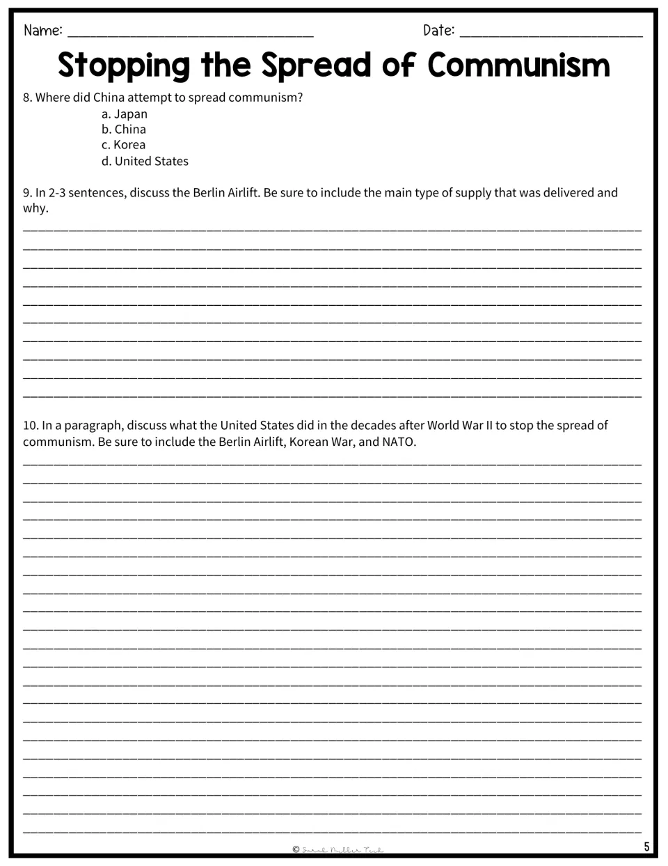 Question 8 on Korea, then written responses explaining the Berlin Airlift and how the U.S. worked to contain communism