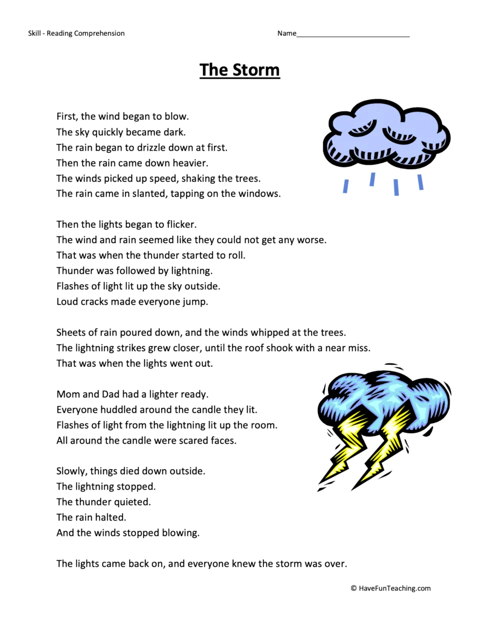 The Storm reading passage: students read a story of a family's thunderstorm, from first wind to the lights coming back