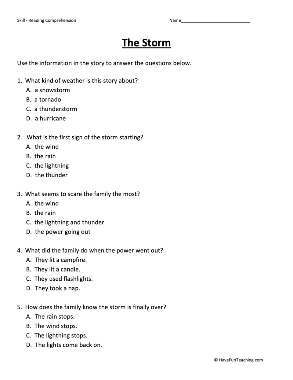The Storm questions: students answer 5 multiple-choice items on the story's weather, first sign, and how the storm ends
