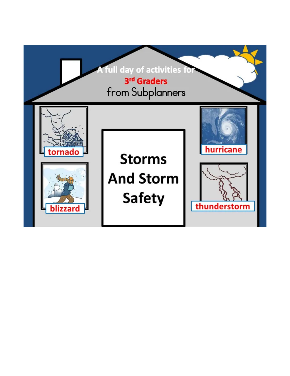 Storms and Storm Safety cover with labeled tornado, hurricane, blizzard and thunderstorm pictures for 3rd graders
