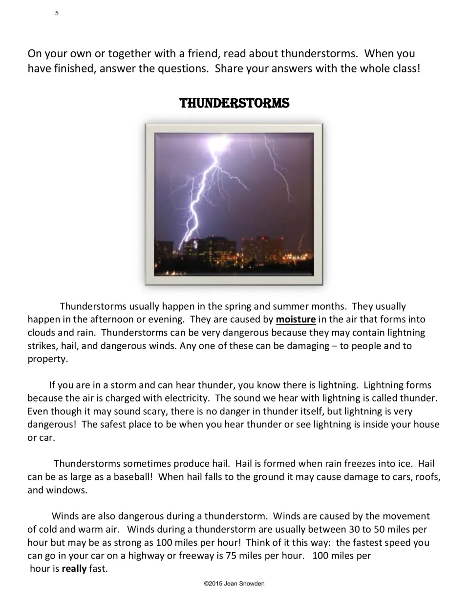 Thunderstorms reading passage with a lightning photo: moisture, lightning and thunder, hail, winds up to 100 mph